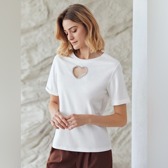 White Short Sleeve Shirt with Cut Out Rhinestone Heart - Picture 9 of 9